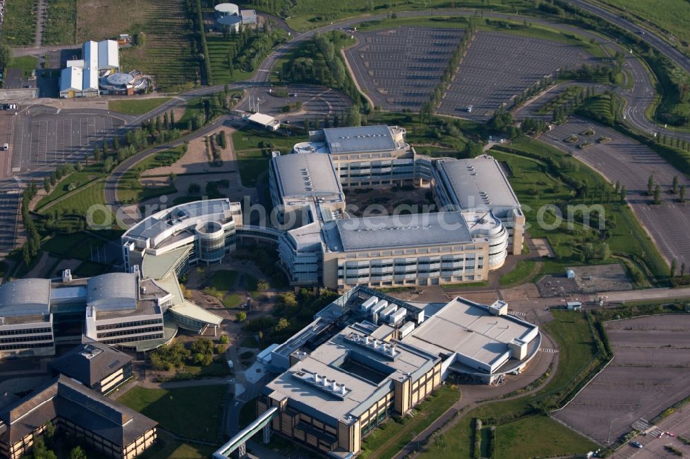 Sandwich from above - Building and production halls on the premises of the chemical manufacturers Pfizer Ltd and Discovery Park in Sandwich in England, United Kingdom