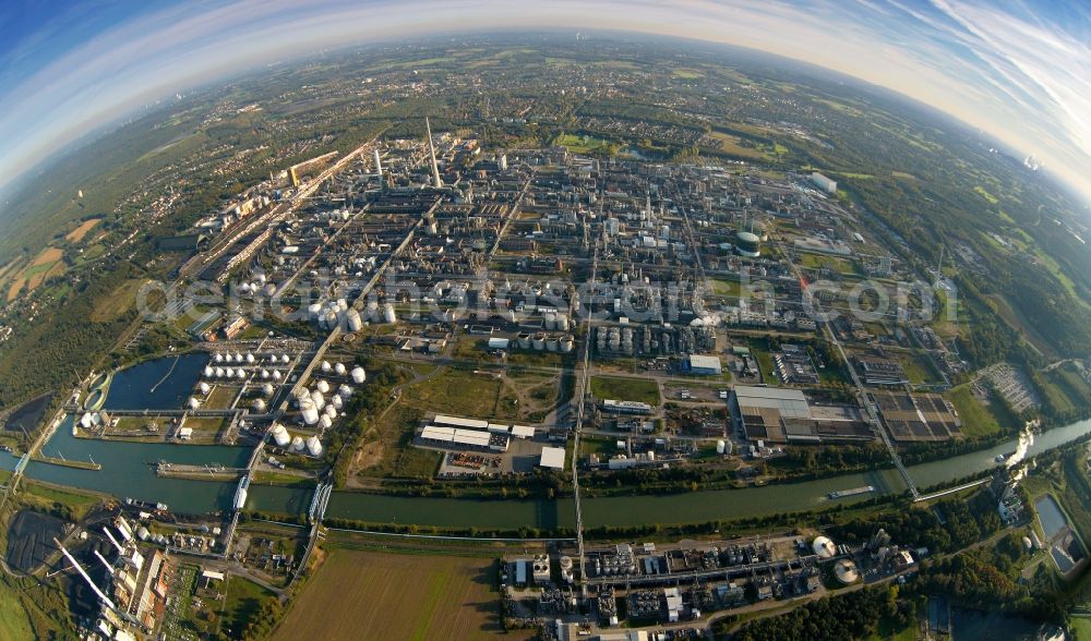 Marl from the bird's eye view: Fish eye - Premises of the Chemical Works, location of Degussa and EVONIK in Marl in North Rhine-Westphalia