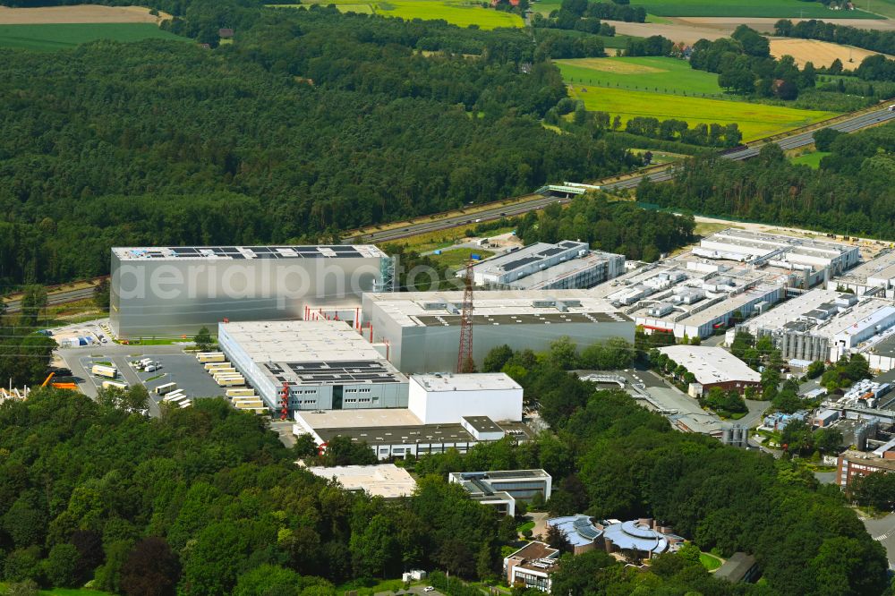 Halle (Westfalen) from the bird's eye view: Buildings and production halls of the factory premises Condetta GmbH & Co. KG Storck Industrie-Service in Halle (Westfalen) in the federal state of North Rhine-Westphalia, Germany