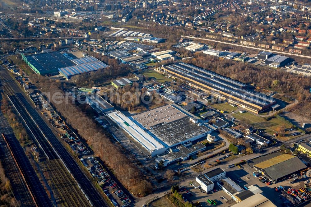 Bottrop from the bird's eye view: Building and production halls on the premises of MC-Bauchemie Mueller GmbH & Co.KG in the district Ebel in Bottrop in the state North Rhine-Westphalia