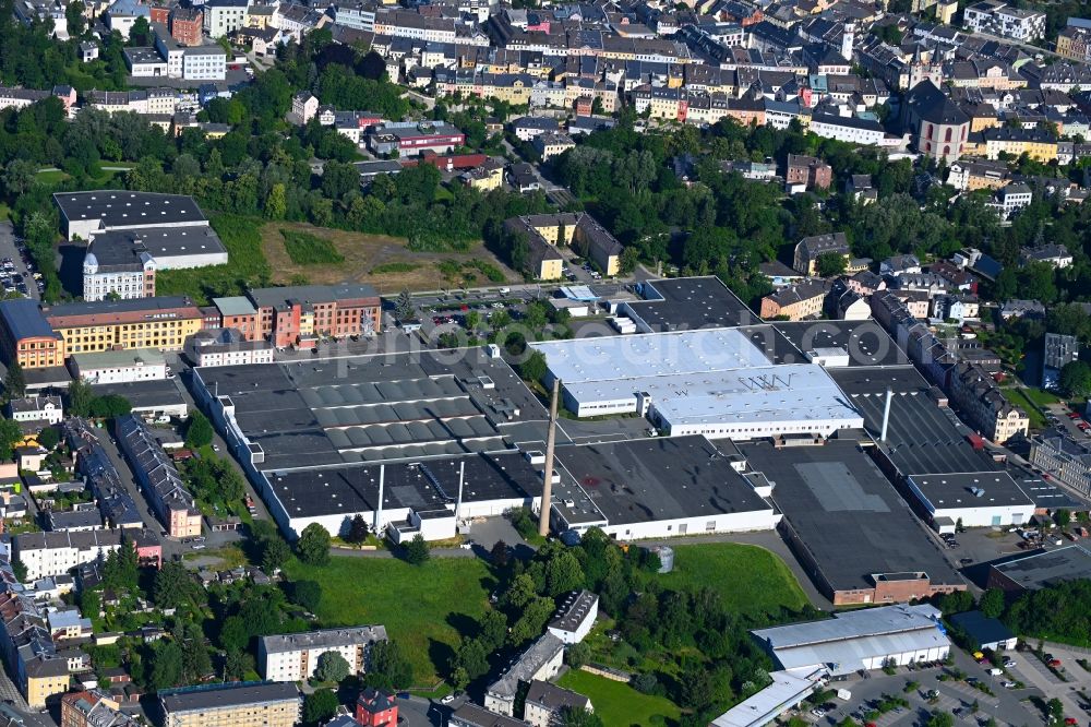 Hof from the bird's eye view: Building and production halls on the premises of Hoftex Group AG in Hof in the state Bavaria, Germany