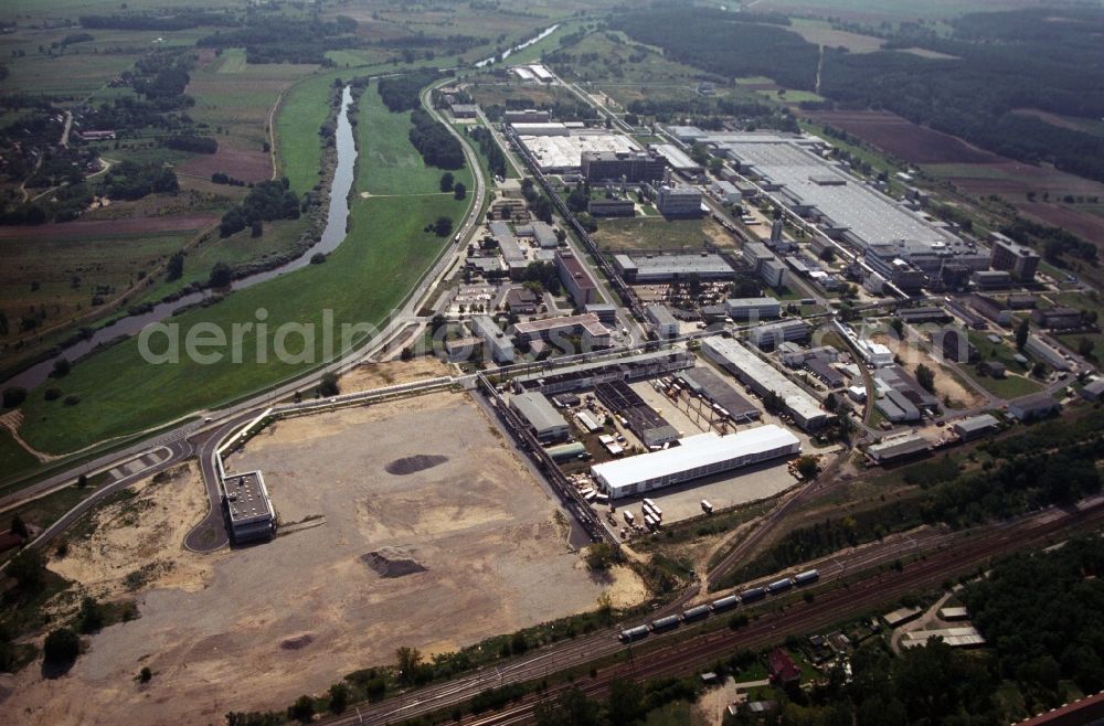 Guben from the bird's eye view: Building and production halls on the premises of of Megaflex Schaumstoff GmbH on Forster Strasse in Guben in the state Brandenburg, Germany