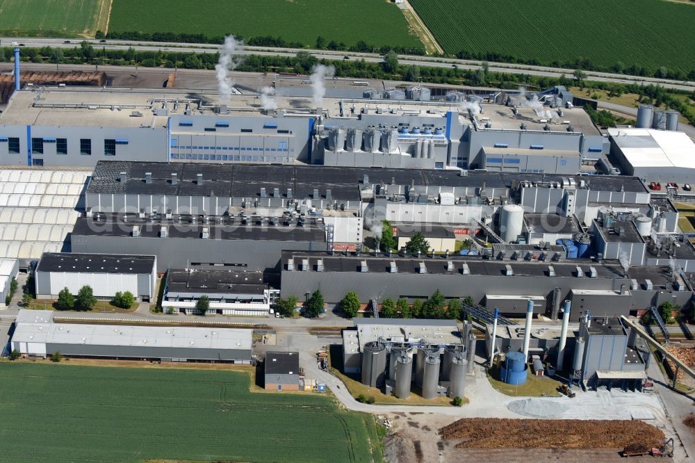 Plattling from above - Building and production halls on the premises of of PLATTLING Papier - MD Papier GmbH on Nicolausstrasse in Plattling in the state Bavaria, Germany