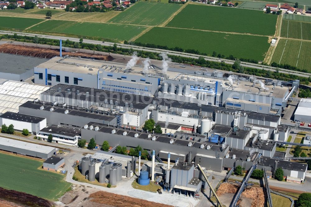 Plattling from above - Building and production halls on the premises of of PLATTLING Papier - MD Papier GmbH on Nicolausstrasse in Plattling in the state Bavaria, Germany