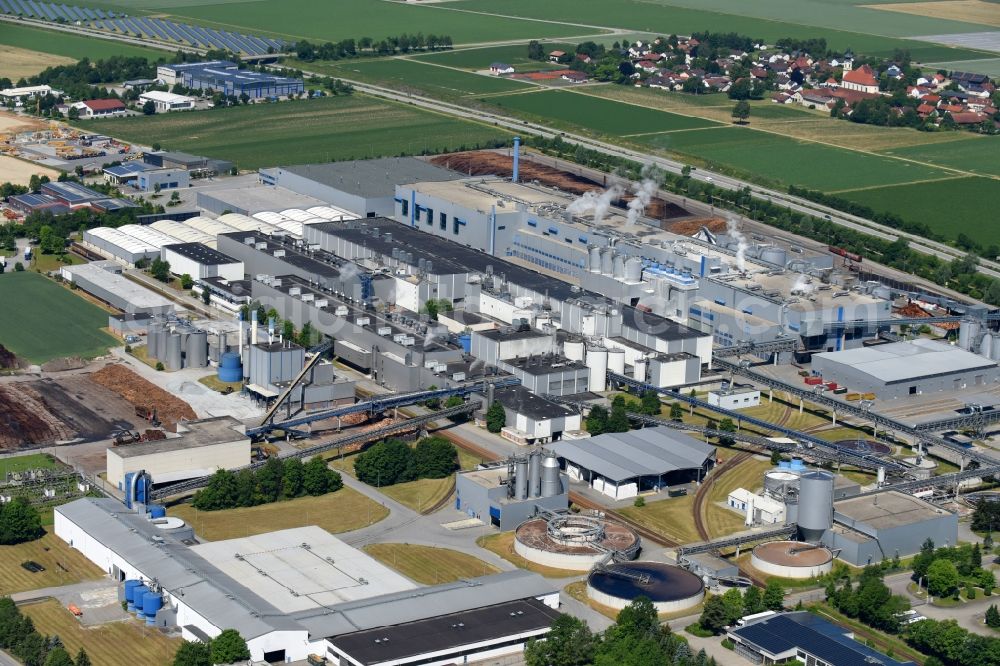 Plattling from above - Building and production halls on the premises of of PLATTLING Papier - MD Papier GmbH on Nicolausstrasse in Plattling in the state Bavaria, Germany