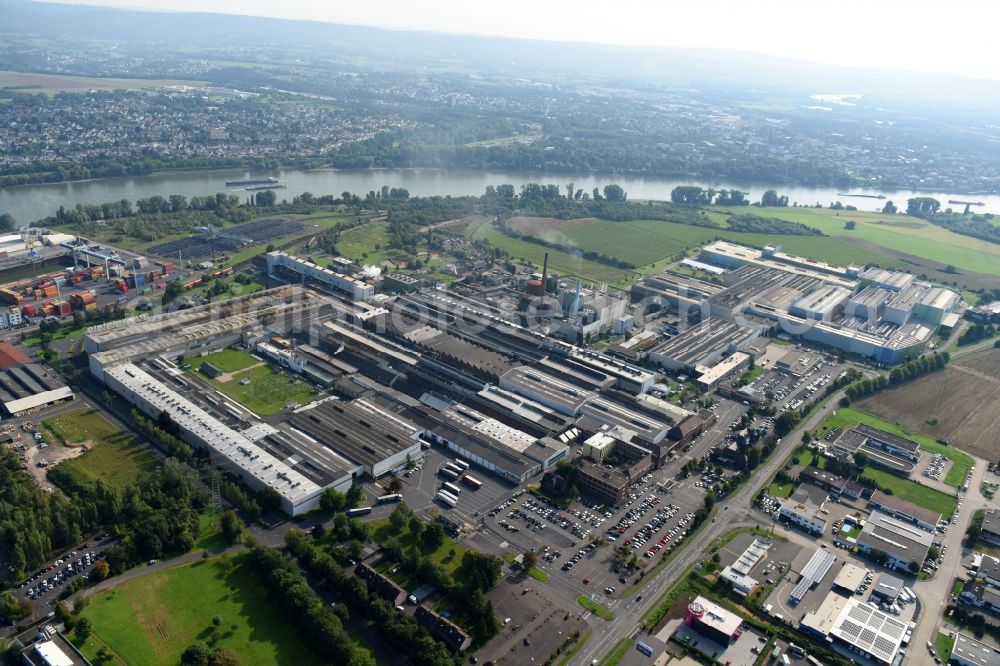 Aerial image Andernach - Building and production halls on the premises of of thyssenkrupp Rasselstein GmbH on Koblenzer Strasse in Andernach in the state Rhineland-Palatinate, Germany