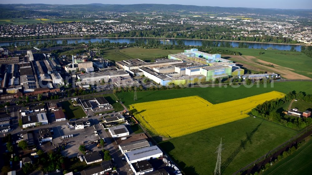 Andernach from above - Building and production halls on the premises of of thyssenkrupp Rasselstein GmbH on Koblenzer Strasse in Andernach in the state Rhineland-Palatinate, Germany