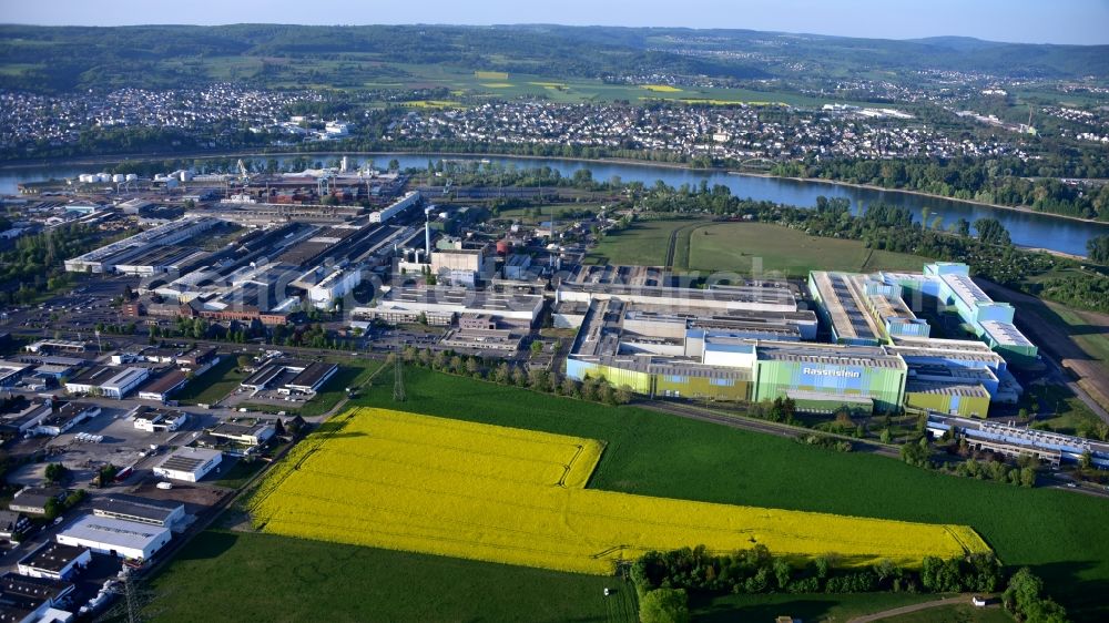 Andernach from above - Building and production halls on the premises of of thyssenkrupp Rasselstein GmbH on Koblenzer Strasse in Andernach in the state Rhineland-Palatinate, Germany