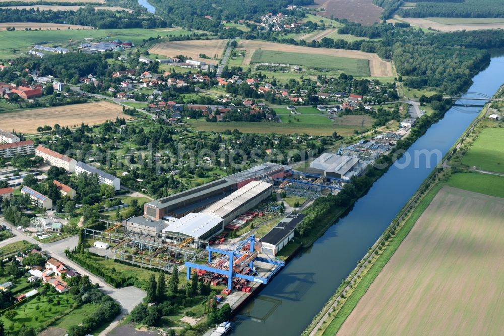 Elbe-Parey from above - Building and production halls on the premises of of Wiegel Parey GmbH & Co. KG on Genthiner Strasse in the district Parey in Elbe-Parey in the state Saxony-Anhalt, Germany