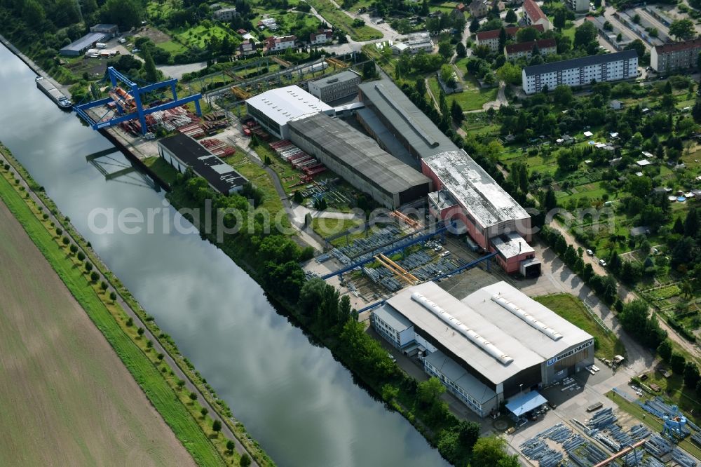 Elbe-Parey from above - Building and production halls on the premises of of Wiegel Parey GmbH & Co. KG on Genthiner Strasse in the district Parey in Elbe-Parey in the state Saxony-Anhalt, Germany