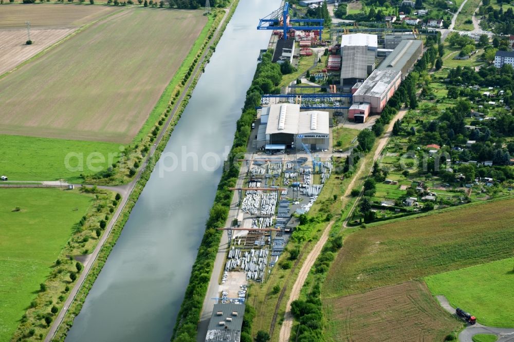 Elbe-Parey from above - Building and production halls on the premises of of Wiegel Parey GmbH & Co. KG on Genthiner Strasse in the district Parey in Elbe-Parey in the state Saxony-Anhalt, Germany