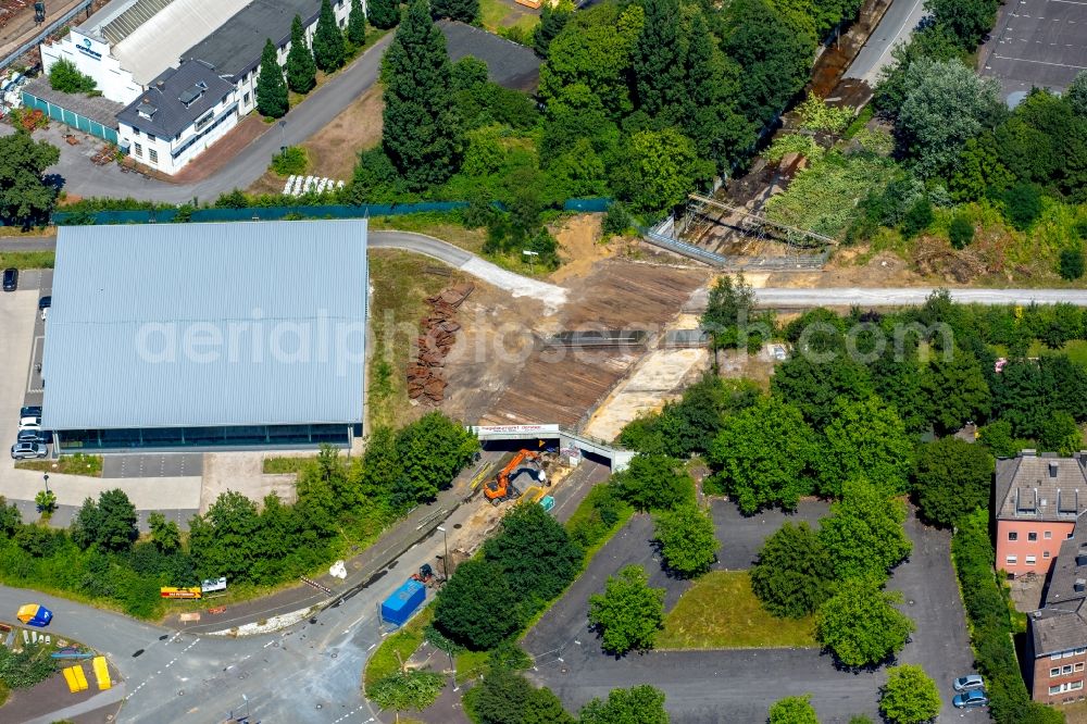 Dorsten from the bird's eye view: Buildings and production facilities on the premises of Dorstener drive engineering GmbH in Dorsten in North Rhine-Westphalia. In the foreground the BE FIT gym Dorsten at Bismarck street