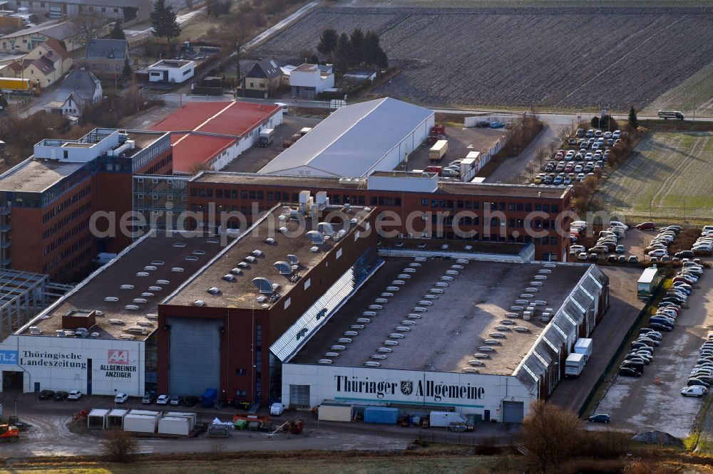 Erfurt from the bird's eye view: Buildings and production halls on the factory premises of the offset printing Presse- and Medienhauses of Zeitungen Thueringer Allgemeine, Thueringische Landeszeitung and Allgemeiner Anzeiger on street Gottstedter Landstrasse in Erfurt in the state Thuringia, Germany