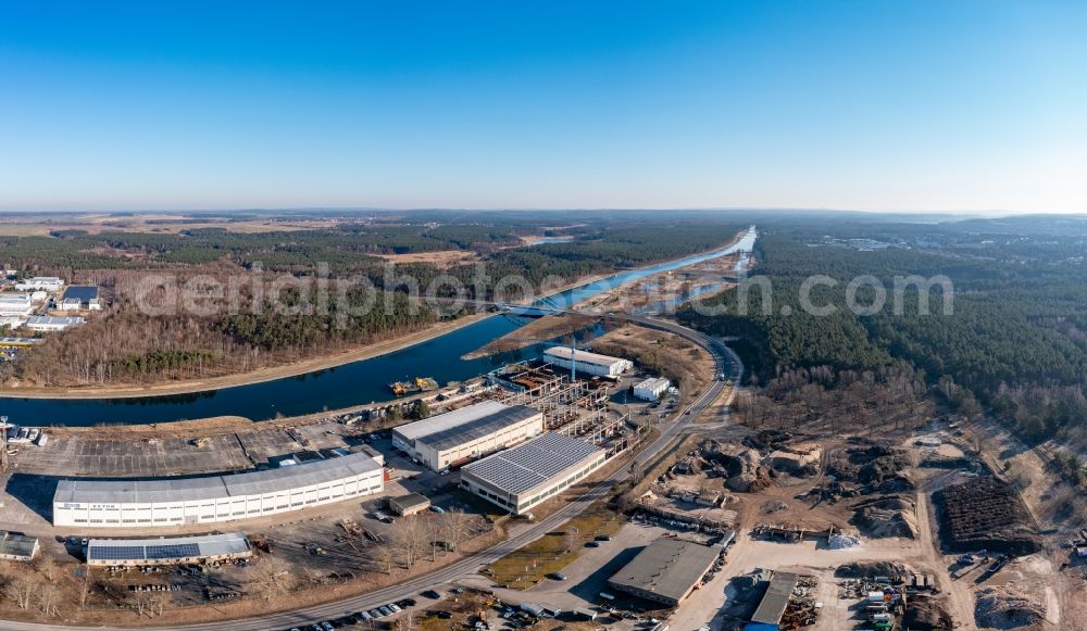 Eberswalde from above - Building and production halls on the premises Eberswalder Stahlhandel GmbH in Eberswalde in the state Brandenburg, Germany