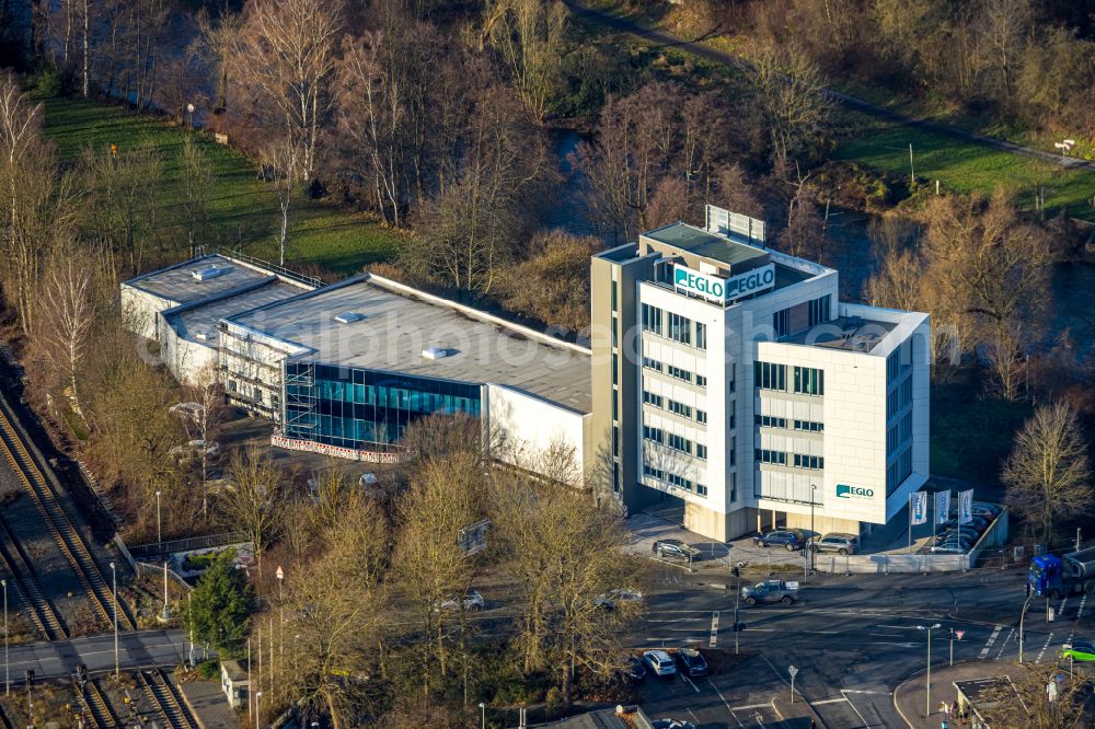 Aerial photograph Arnsberg - Premises of EGLO Leuchten GmbH on Kleinbahnstrasse in the district Huesten in Arnsberg at Ruhrgebiet in the state North Rhine-Westphalia, Germany