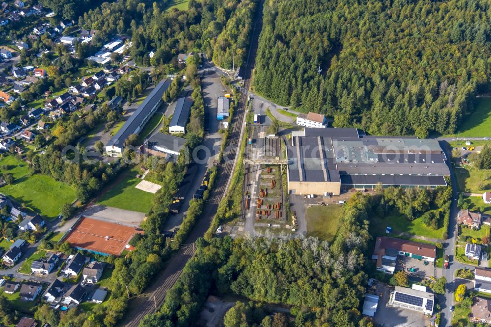 Littfeld from above - Building and production halls on the premises Eisenbau Kraemer GmbH on street Muesener Strasse in Littfeld at Siegerland in the state North Rhine-Westphalia, Germany