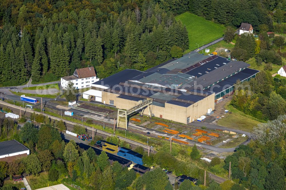 Aerial image Littfeld - Building and production halls on the premises Eisenbau Kraemer GmbH on street Muesener Strasse in Littfeld at Siegerland in the state North Rhine-Westphalia, Germany