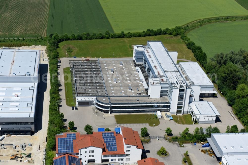 Aerial photograph Maisach - Building and production halls on the premises of Eos GmbH on Lise-Meitner-Strasse in the district Gernlinden in Maisach in the state Bavaria, Germany