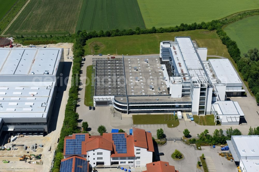 Maisach from above - Building and production halls on the premises of Eos GmbH on Lise-Meitner-Strasse in the district Gernlinden in Maisach in the state Bavaria, Germany