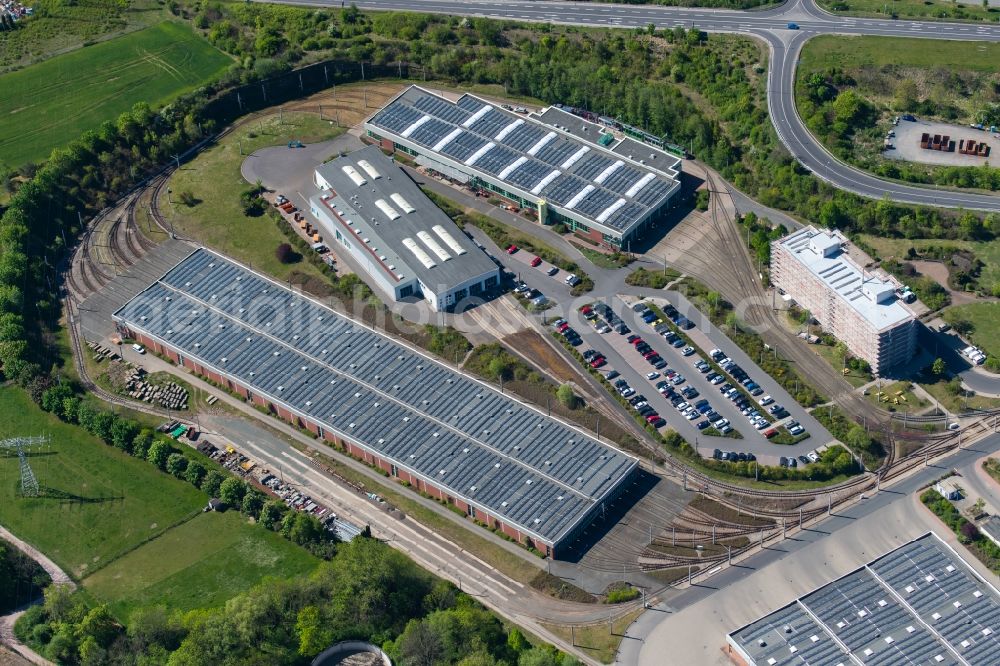 Erfurt from above - Buildings and production halls on the factory premises Erfurter Verkehrsbetriebe AG at the Urbicher Kreuz in the district of Windischholzhausen in Erfurt in the state Thuringia, Germany