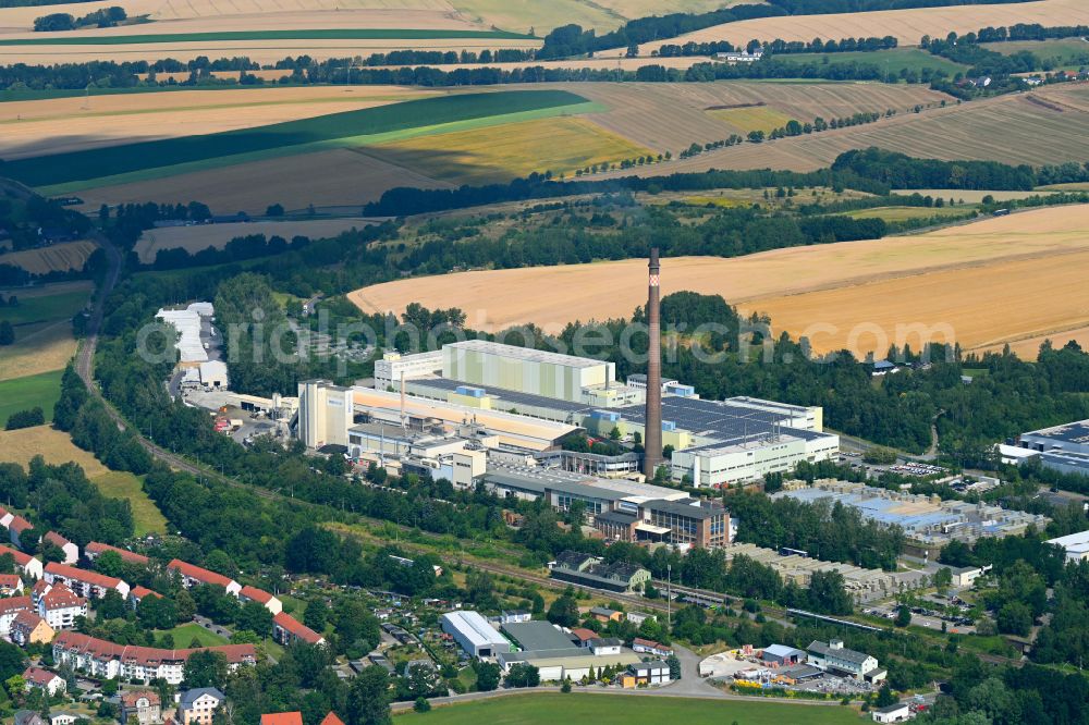 Sankt Egidien from the bird's eye view: Building and production halls on the premises ESDA Strumpfwerke GmbH on street Achatstrasse in Sankt Egidien in the state Saxony, Germany