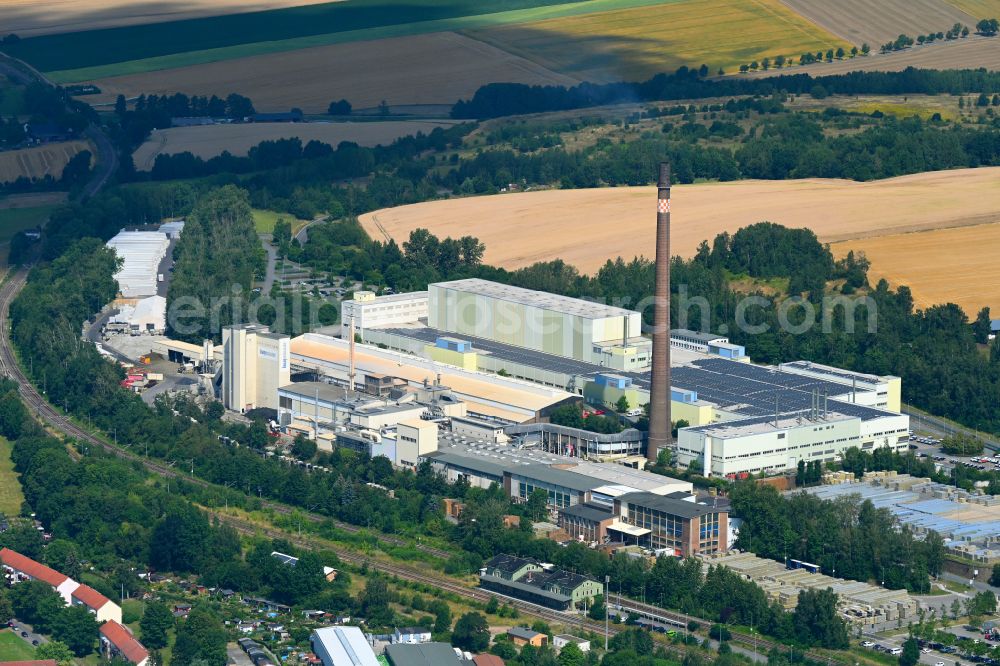 Aerial image Sankt Egidien - Building and production halls on the premises ESDA Strumpfwerke GmbH on street Achatstrasse in Sankt Egidien in the state Saxony, Germany