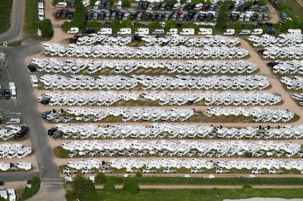 Sprendlingen from above - Building and production halls on the premises of Eura Mobil GmbH in Sprendlingen in the state Rhineland-Palatinate, Germany