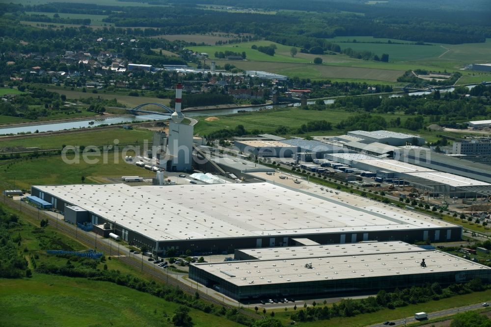 Haldensleben from above - Building and production halls on the premises of Euroglas GmbH in Haldensleben in the state Saxony-Anhalt, Germany