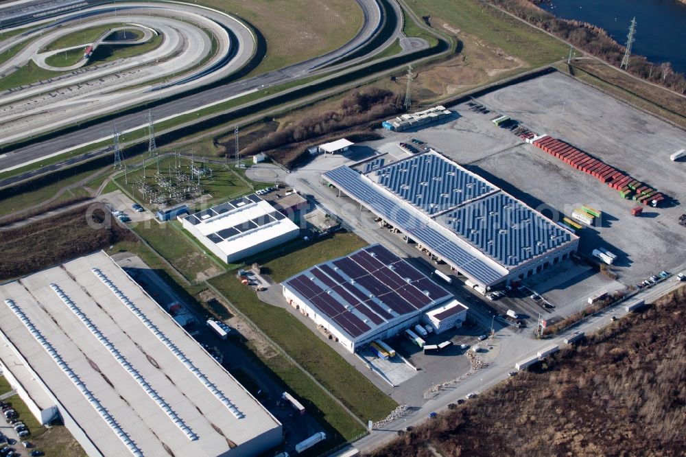 Wörth am Rhein from the bird's eye view: Building and production halls on the premises of Europack GmbH in the district Industriegebiet Woerth-Oberwald in Woerth am Rhein in the state Rhineland-Palatinate