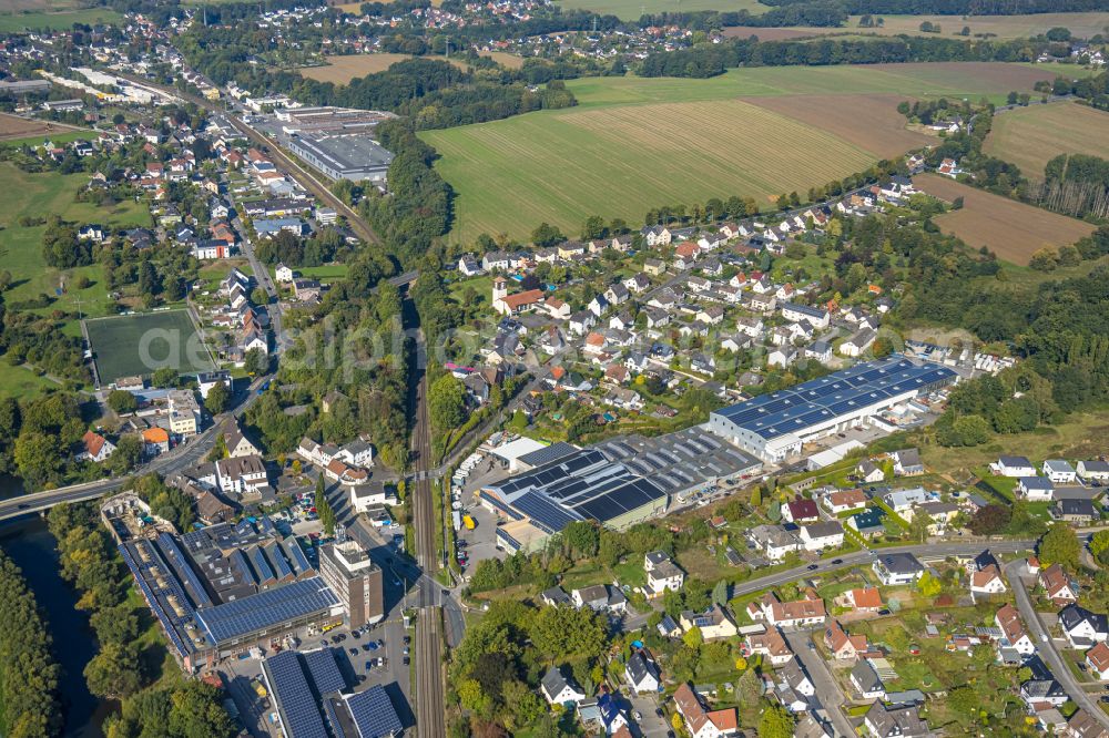 Fröndenberg/Ruhr from the bird's eye view: Building and production halls on the premises of FABU-Print GmbH & Co. KG in Froendenberg/Ruhr at Sauerland in the state North Rhine-Westphalia, Germany