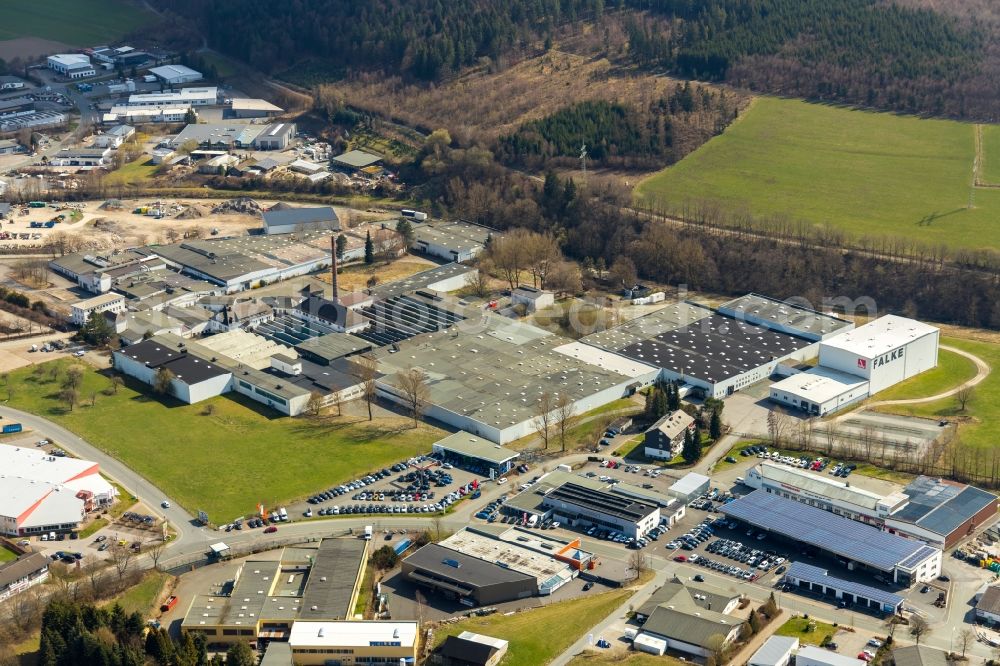 Aerial image Schmallenberg - Building and production halls on the premises of FALKE KGaA Auf of Lake in Schmallenberg in the state North Rhine-Westphalia, Germany