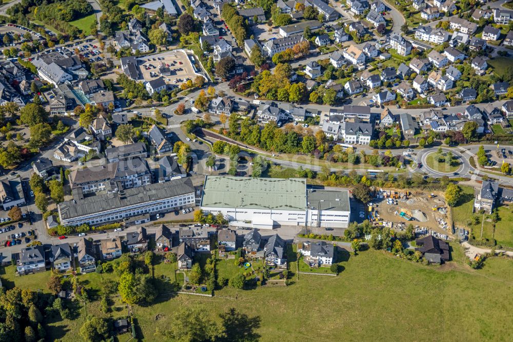 Schmallenberg from above - Building and production halls on the premises of FALKE KGaA on street Oststrasse in Schmallenberg at Sauerland in the state North Rhine-Westphalia, Germany