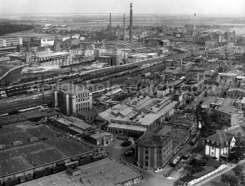 Aerial image Wolfen - Building and production halls on the premises of Farbwerke of VEB Chemiekombinat Bitterfeld / CKB in Wolfen in the state Saxony-Anhalt, Germany