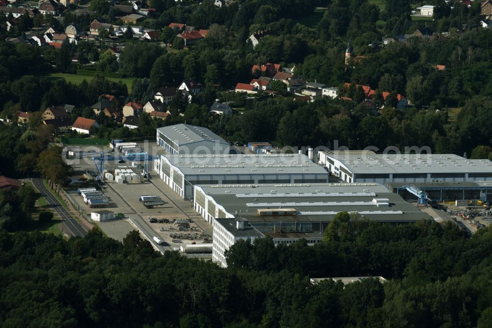 Lutherstadt Wittenberg from above - Building and production halls on the premises of Feldbinder Spezialfahrzeugwerke GmbH (Werk Wittenberg) in Lutherstadt Wittenberg in the state Saxony-Anhalt