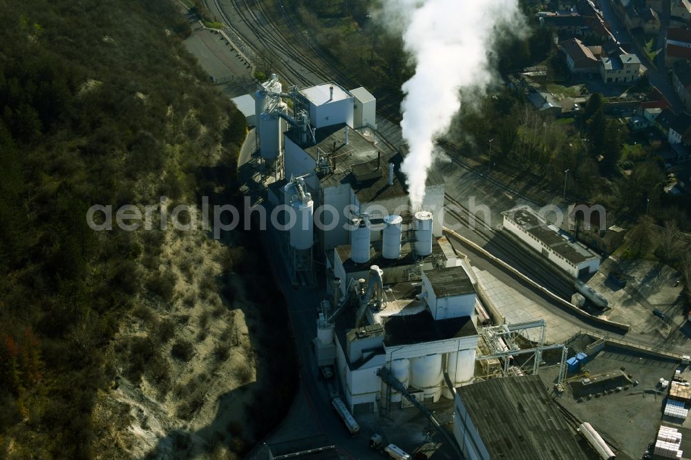 Schraplau from above - Building and production halls on the premises of Fels-Werke GmbH on Bahnhofstrasse in Schraplau in the state Saxony-Anhalt, Germany