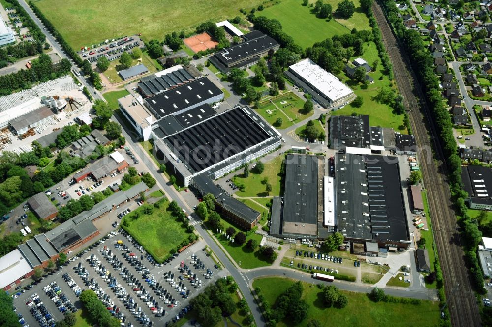 Schwarzenbek from above - Building and production halls on the premises of Fette Compacting GmbH along the Grabauer Strasse in Schwarzenbeck in the state Schleswig-Holstein, Germany