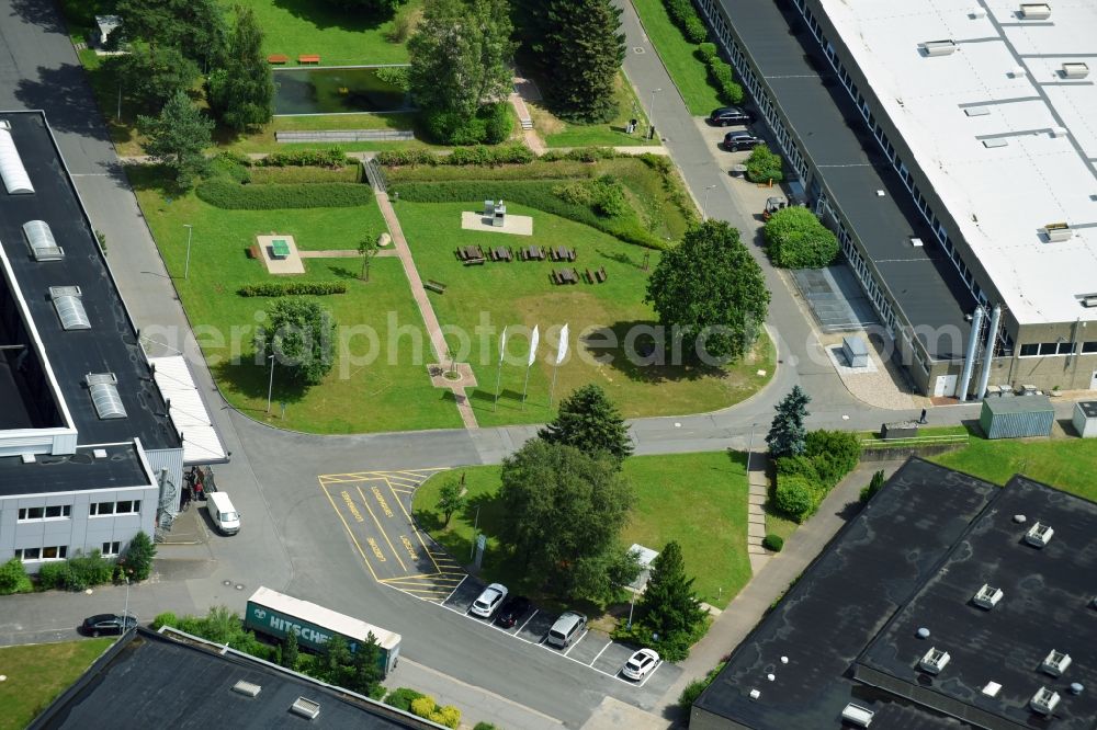 Schwarzenbek from above - Building and production halls on the premises of Fette Compacting GmbH along the Grabauer Strasse in Schwarzenbeck in the state Schleswig-Holstein, Germany