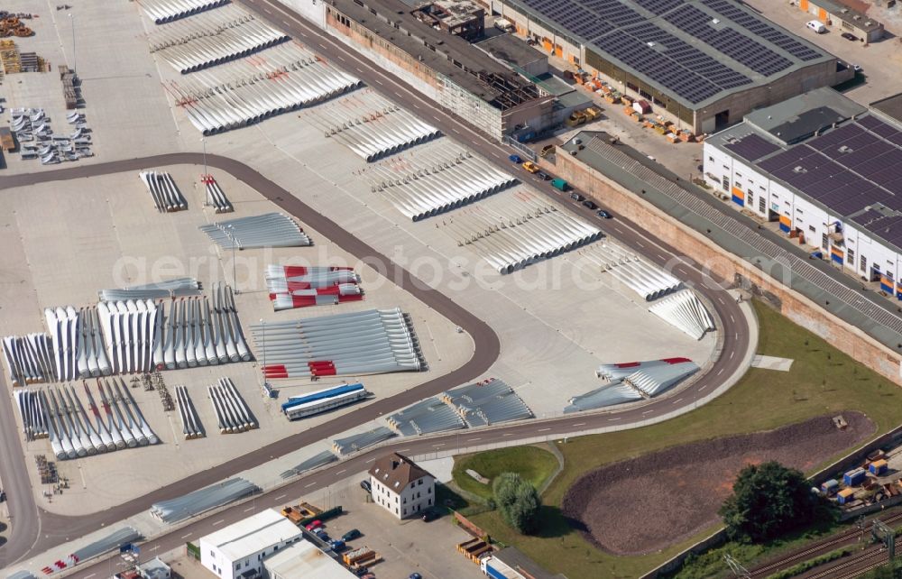 Magdeburg from the bird's eye view: Premises of the wind turbine manufacturer ENERCON GmbH in Magdeburg in Saxony-Anhalt. In the image pre-assembled sections in semi-monocoque construction of the wind turbine manufacture