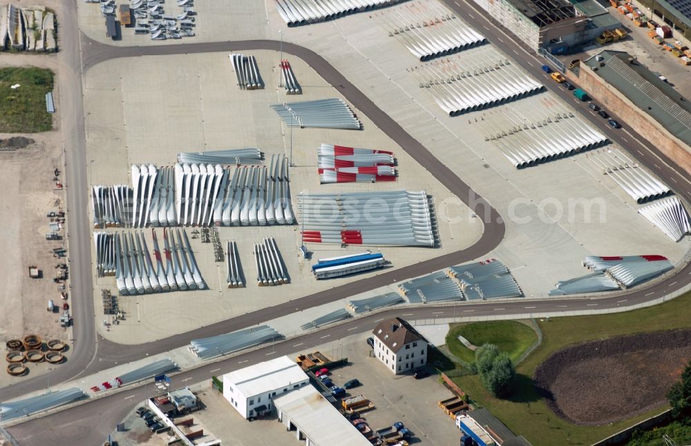 Aerial image Magdeburg - Premises of the wind turbine manufacturer ENERCON GmbH in Magdeburg in Saxony-Anhalt. In the image pre-assembled sections in semi-monocoque construction of the wind turbine manufacture