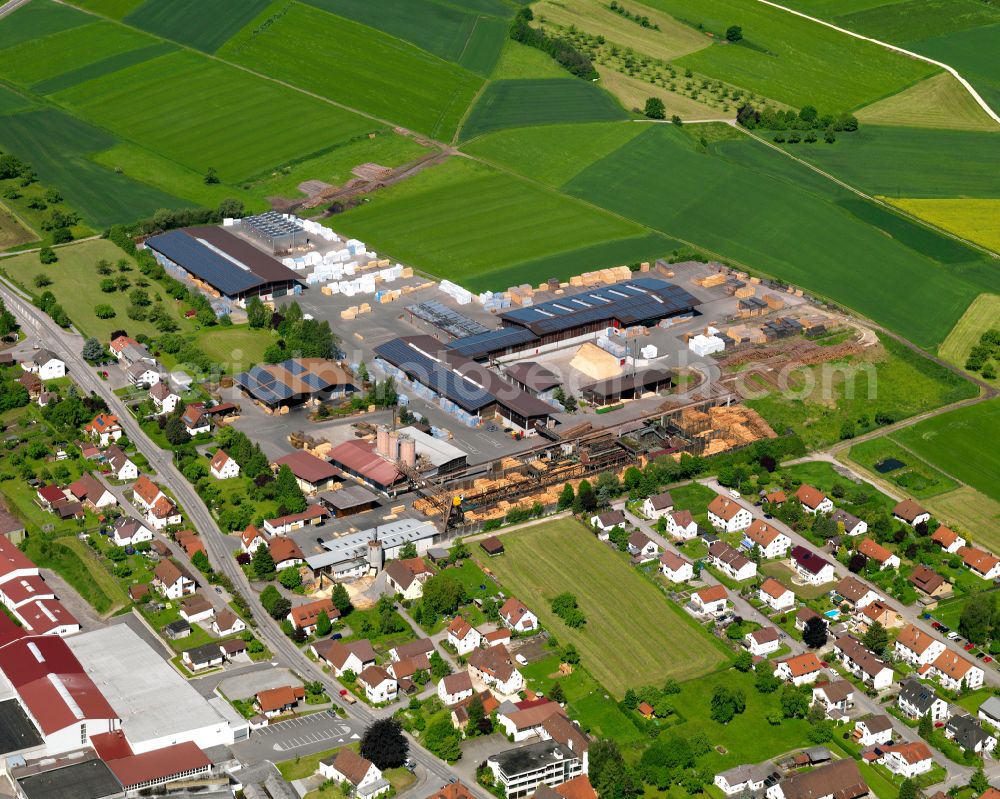 Aerial image Wain - Buildings and production halls on the factory premises of the company Holzwerk Baur GmbH on the outskirts surrounded by agricultural areas in Wain in the state Baden-Wuerttemberg, Germany