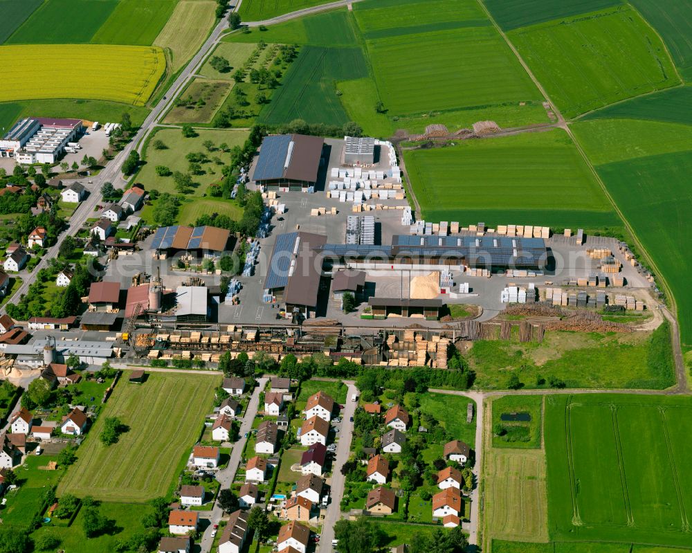 Aerial image Wain - Building and production halls on the factory premises of the company Holzwerk Baur GmbH on Gartenstrasse in Wain in the state Baden-Wuerttemberg, Germany