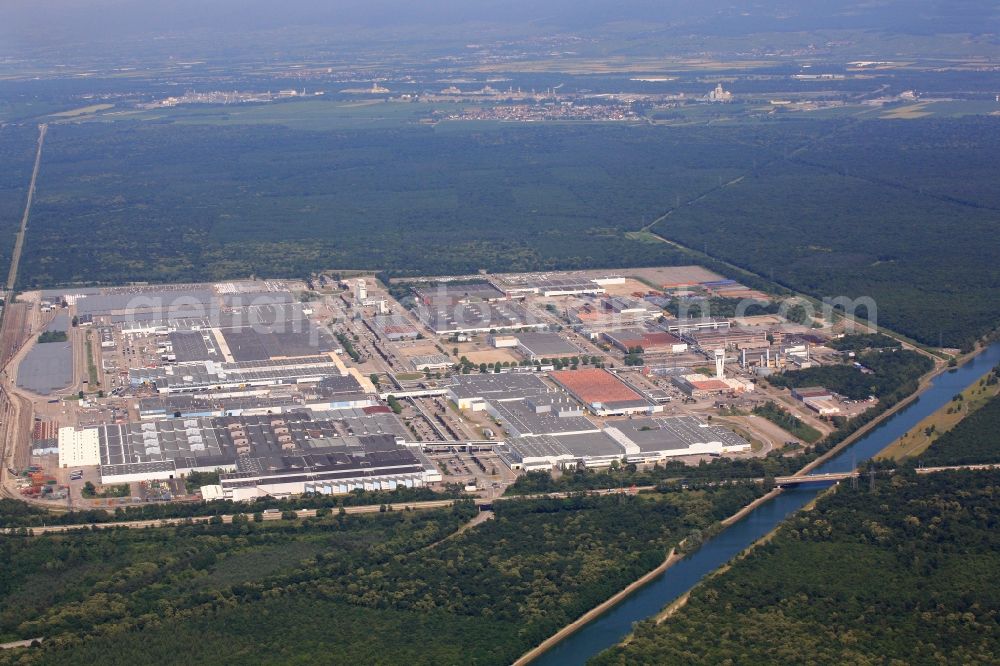 Aerial image Sausheim - The buildings and production halls on the premises of the company PSA Peugeot Citroën in Sausheim in France are in the Hardtwald beside the Rhone-Rhine Canal at Mulhouse in Alsace