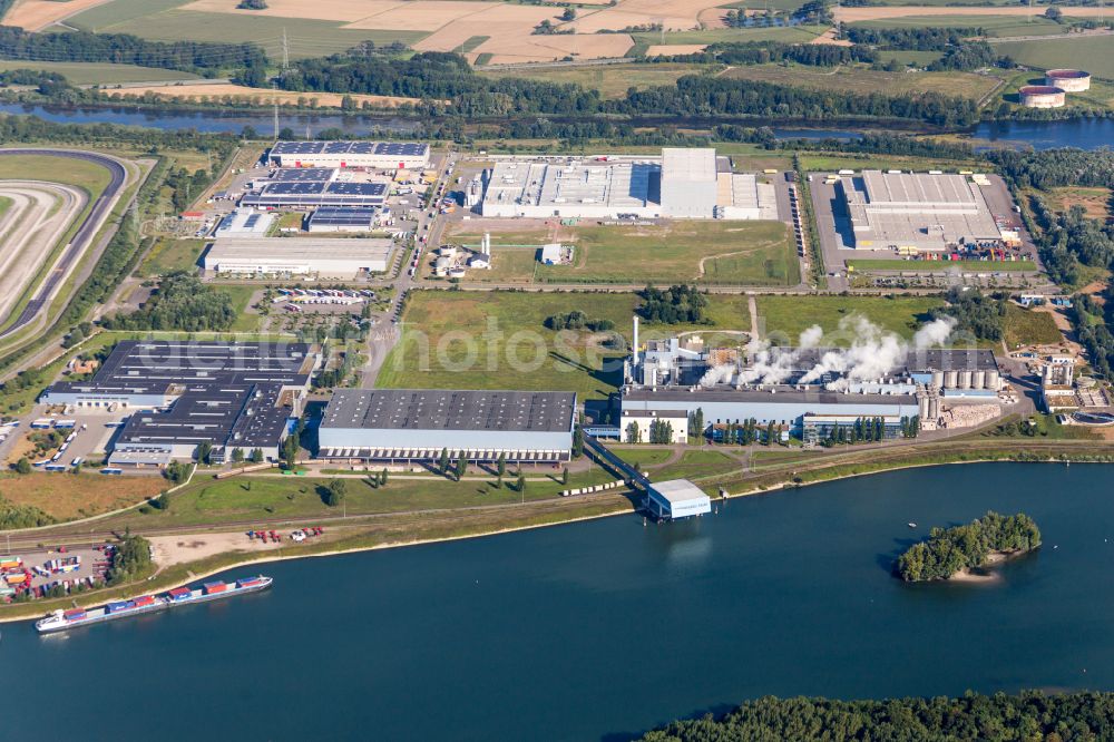 Wörth am Rhein from above - Building and production halls on the premises der Firmengelaende of Papierfabrik Palm GmbH & Co. KG on street Am Oberwald in Woerth am Rhein in the state Rhineland-Palatinate, Germany