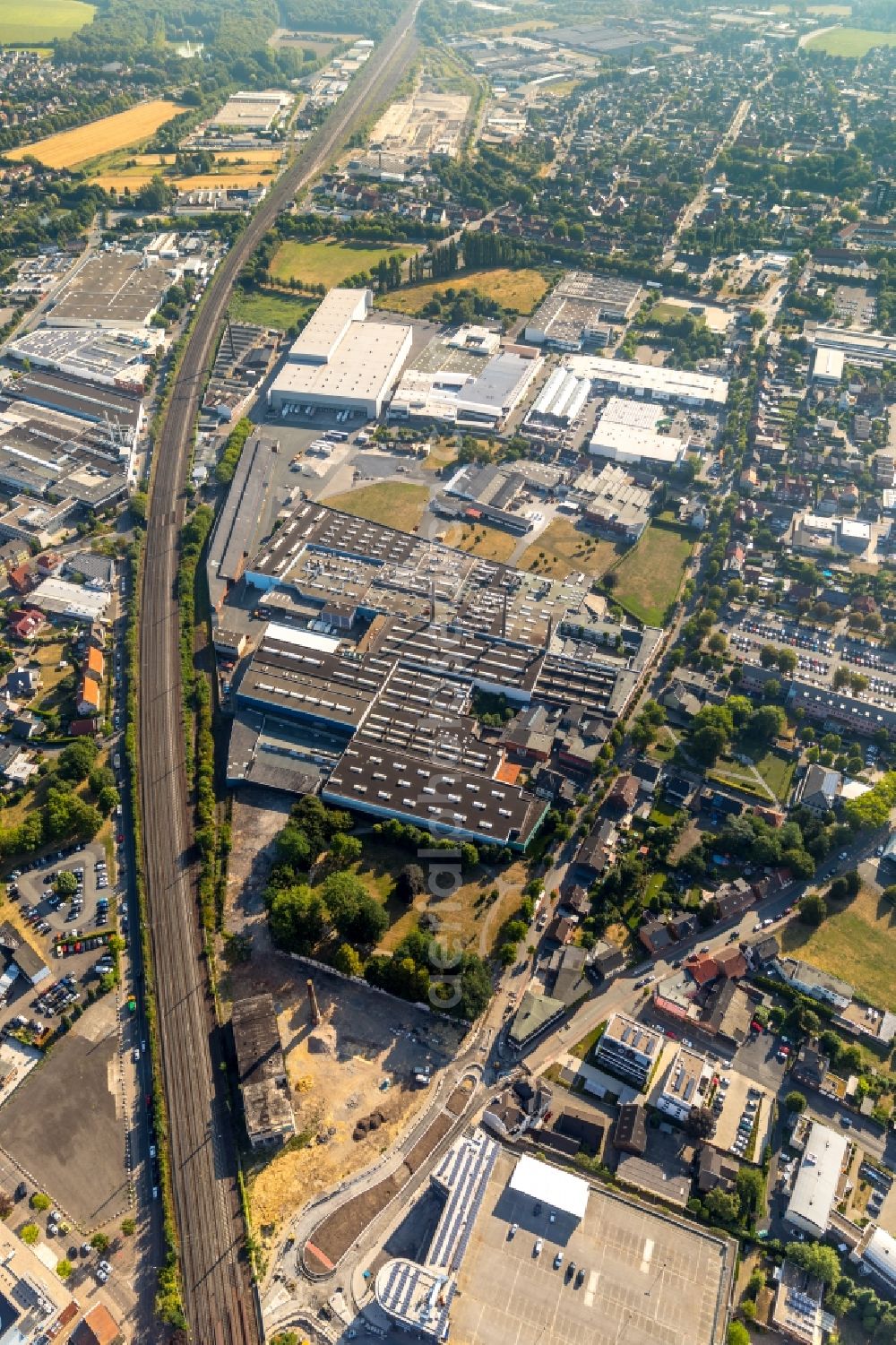 Ahlen from the bird's eye view: Building and production halls on the premises of Franz Kaldewei GmbH & Co. KG on Beckumer Strasse in Ahlen in the state North Rhine-Westphalia, Germany