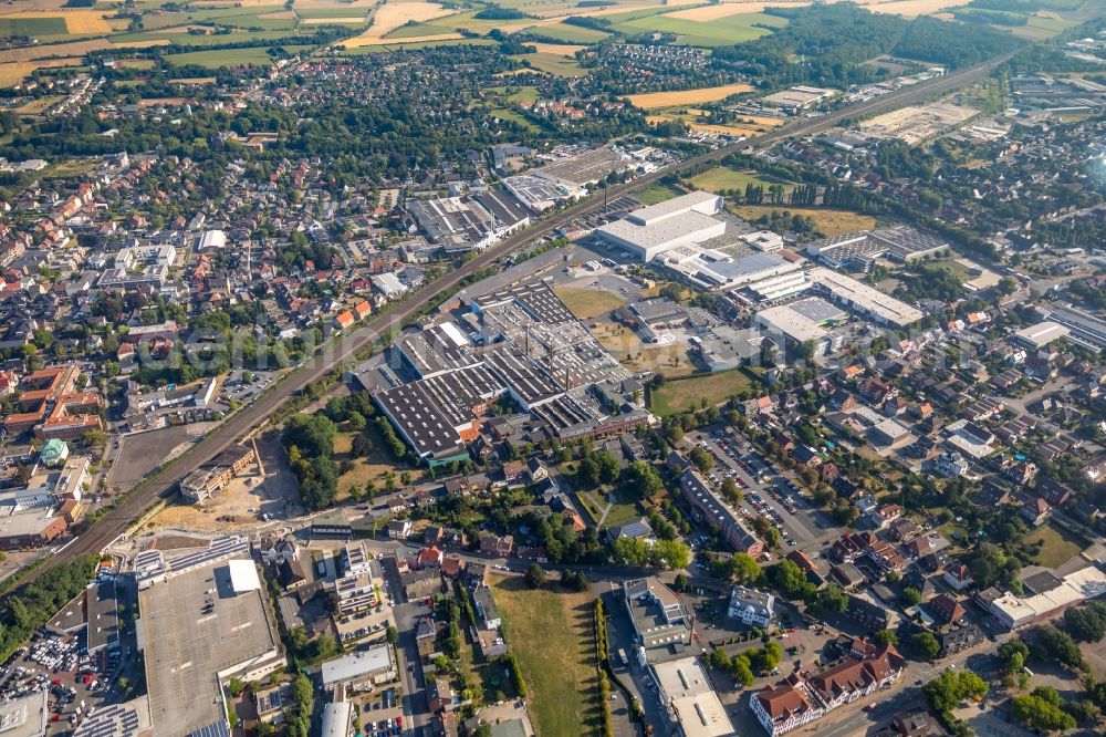 Ahlen from above - Building and production halls on the premises of Franz Kaldewei GmbH & Co. KG on Beckumer Strasse in Ahlen in the state North Rhine-Westphalia, Germany