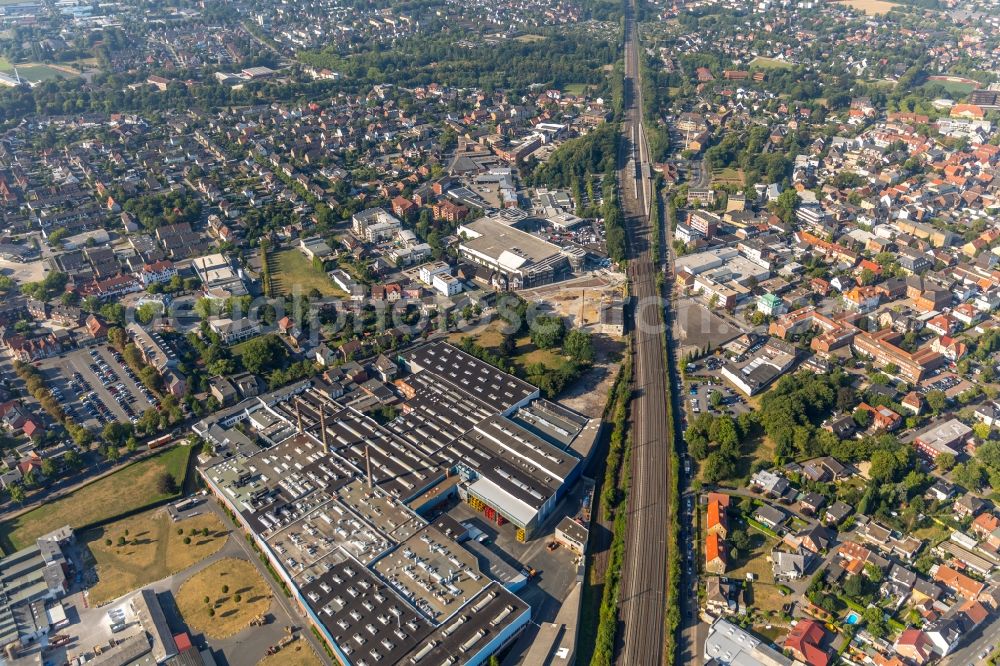 Ahlen from above - Building and production halls on the premises of Franz Kaldewei GmbH & Co. KG on Beckumer Strasse in Ahlen in the state North Rhine-Westphalia, Germany