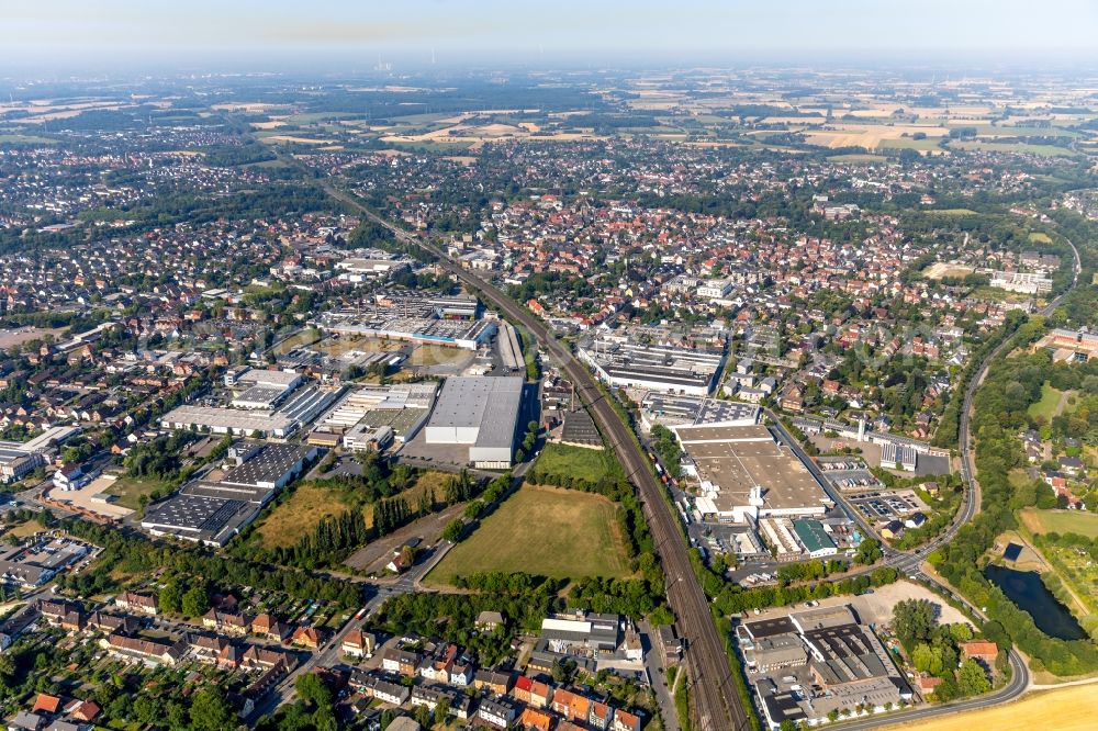 Ahlen from above - Building and production halls on the premises of Franz Kaldewei GmbH & Co. KG on Beckumer Strasse in Ahlen in the state North Rhine-Westphalia, Germany