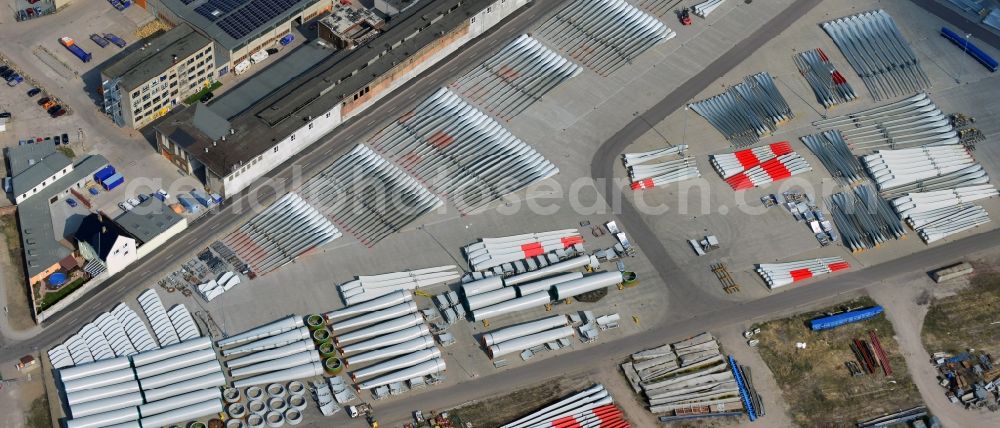 Aerial photograph Magdeburg - Factory premises and open storage areas with wind turbine components of Vestas Castings Magdeburg GmbH in Salbke district of Magdeburg in Saxony-Anhalt