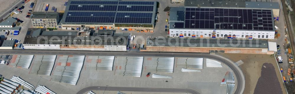 Magdeburg from above - Factory premises and open storage areas with wind turbine components of Vestas Castings Magdeburg GmbH in Salbke district of Magdeburg in Saxony-Anhalt