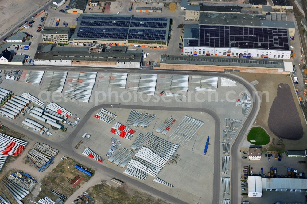 Magdeburg from the bird's eye view: Factory premises and open storage areas with wind turbine components of Vestas Castings Magdeburg GmbH in Salbke district of Magdeburg in Saxony-Anhalt